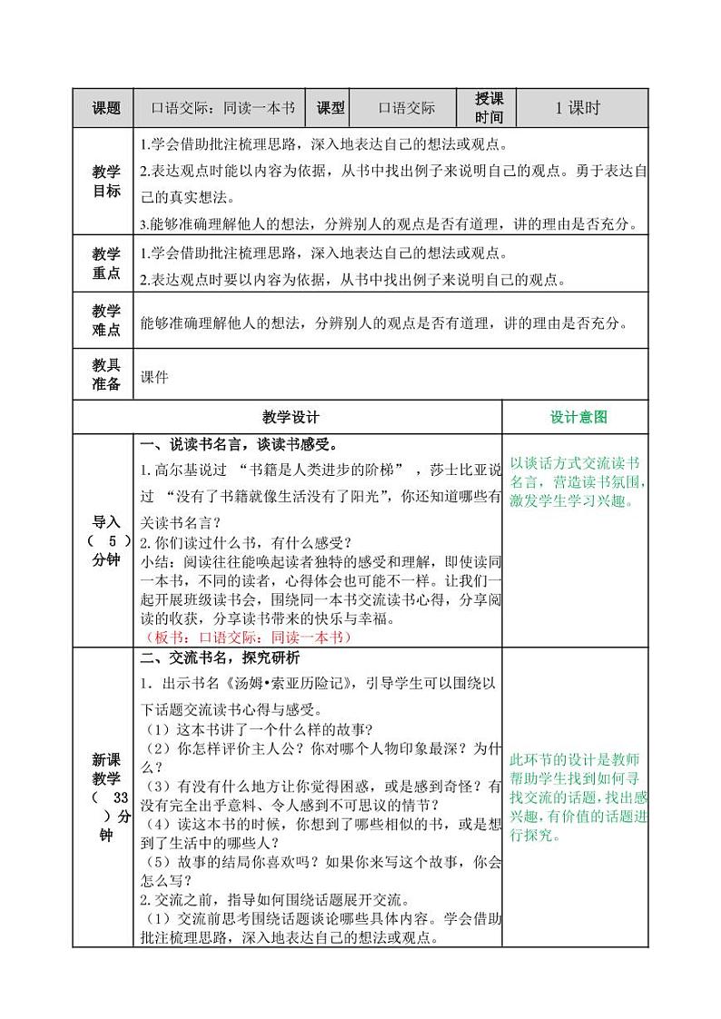 部编版人教版六年级语文下册《口语交际：同读一本书》教案教学设计小学优秀公开课101