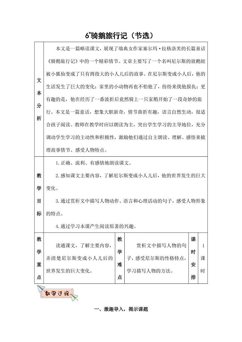 部编版人教版六年级语文下册《6骑鹅旅行记（节选）》教案教学设计小学优秀公开课301