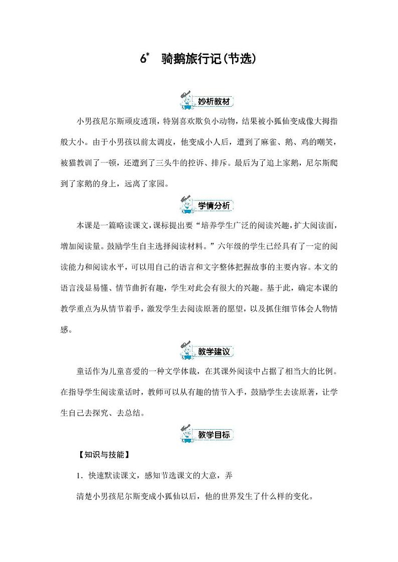 部编版人教版六年级语文下册《6骑鹅旅行记（节选）》教案教学设计小学公开课7第1页