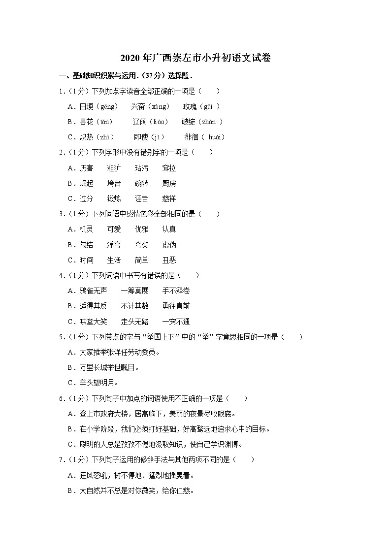 2020年广西崇左市小升初语文试卷（原卷 解析版）部编版01