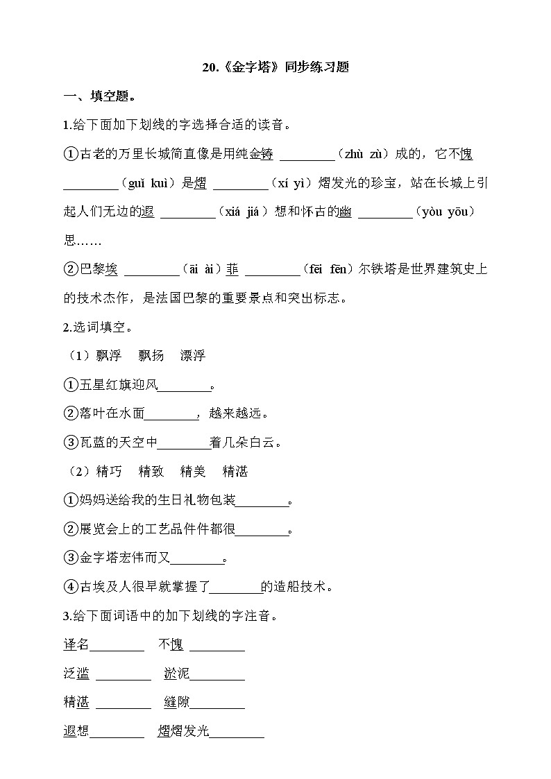 部编版五年级语文下册课课练一课一练 20.《金字塔》同步练习题(含答案）01