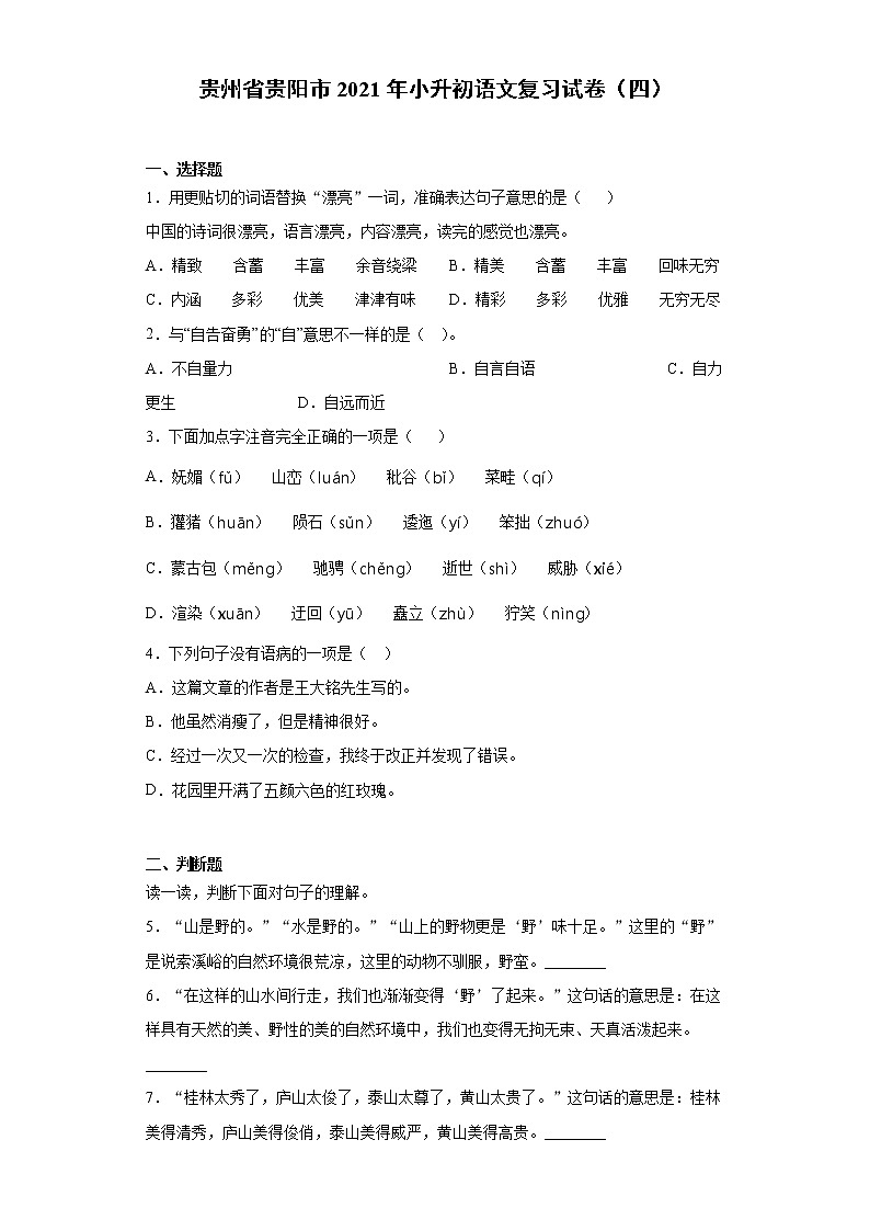 六年级下册语文试题-小升初语文复习试卷（四）  部编版（含答案）01