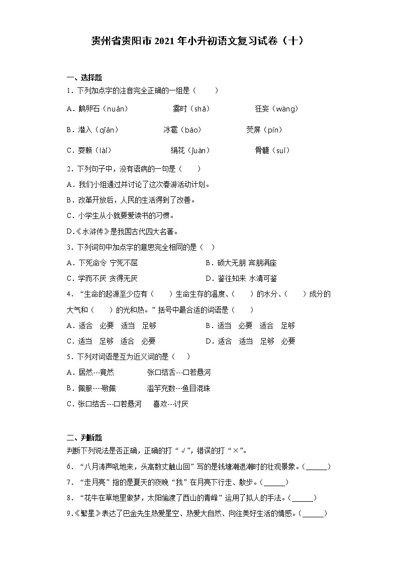 六年级下册语文试题-小升初语文复习试卷（十）  部编版（含答案）01
