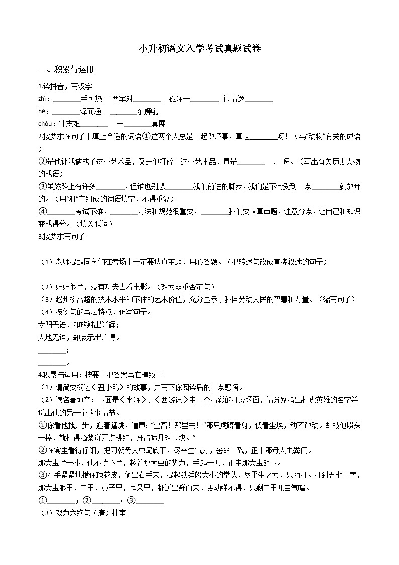 重庆九大名校小升初语文入学考试真题试卷01
