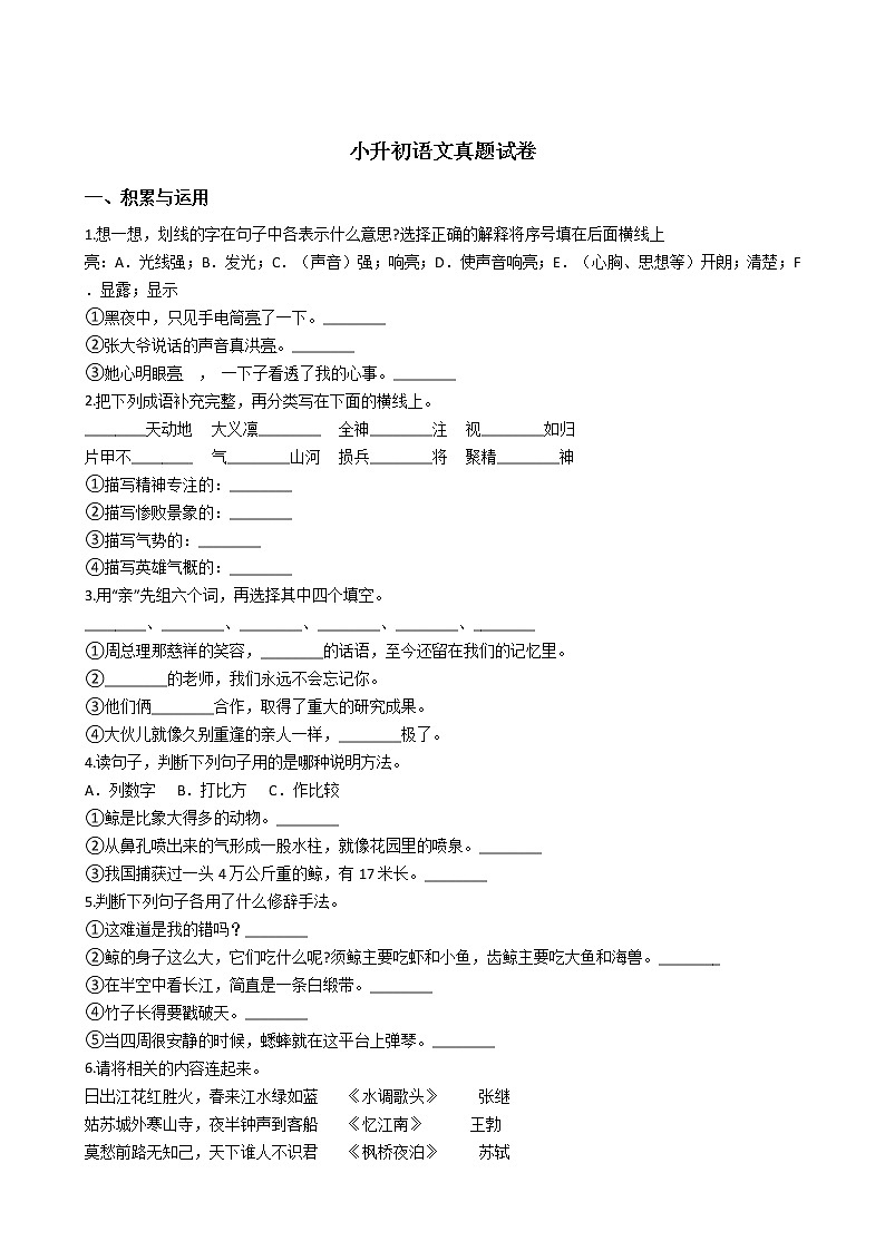 四川省成都市小升初语文真题试卷01