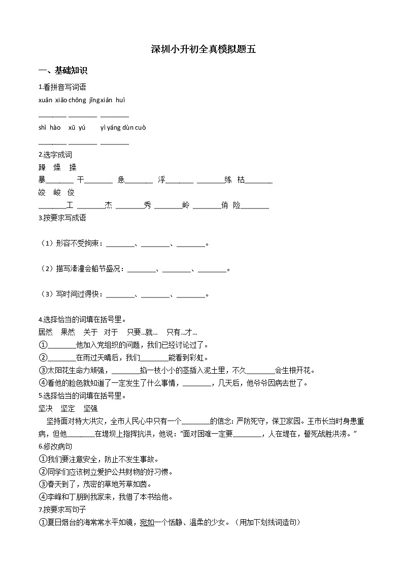 深圳小升初全真模拟题五01