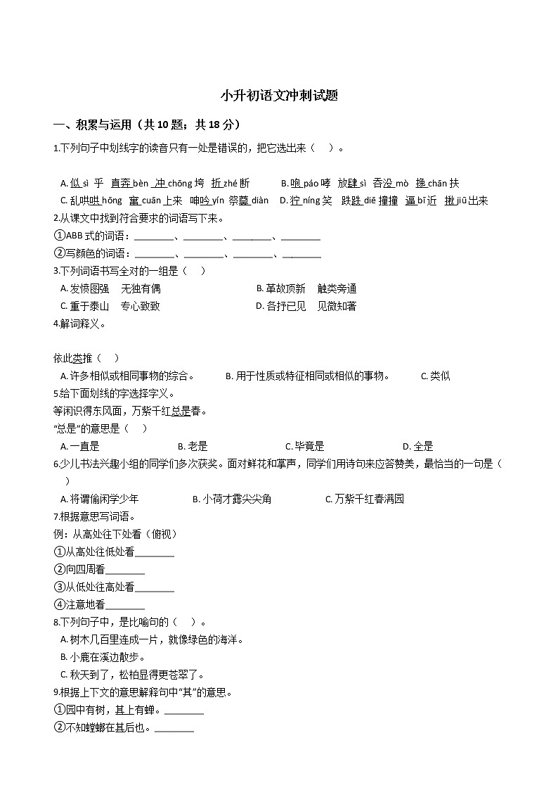 江苏省宿迁市小升初语文冲刺试题第1页