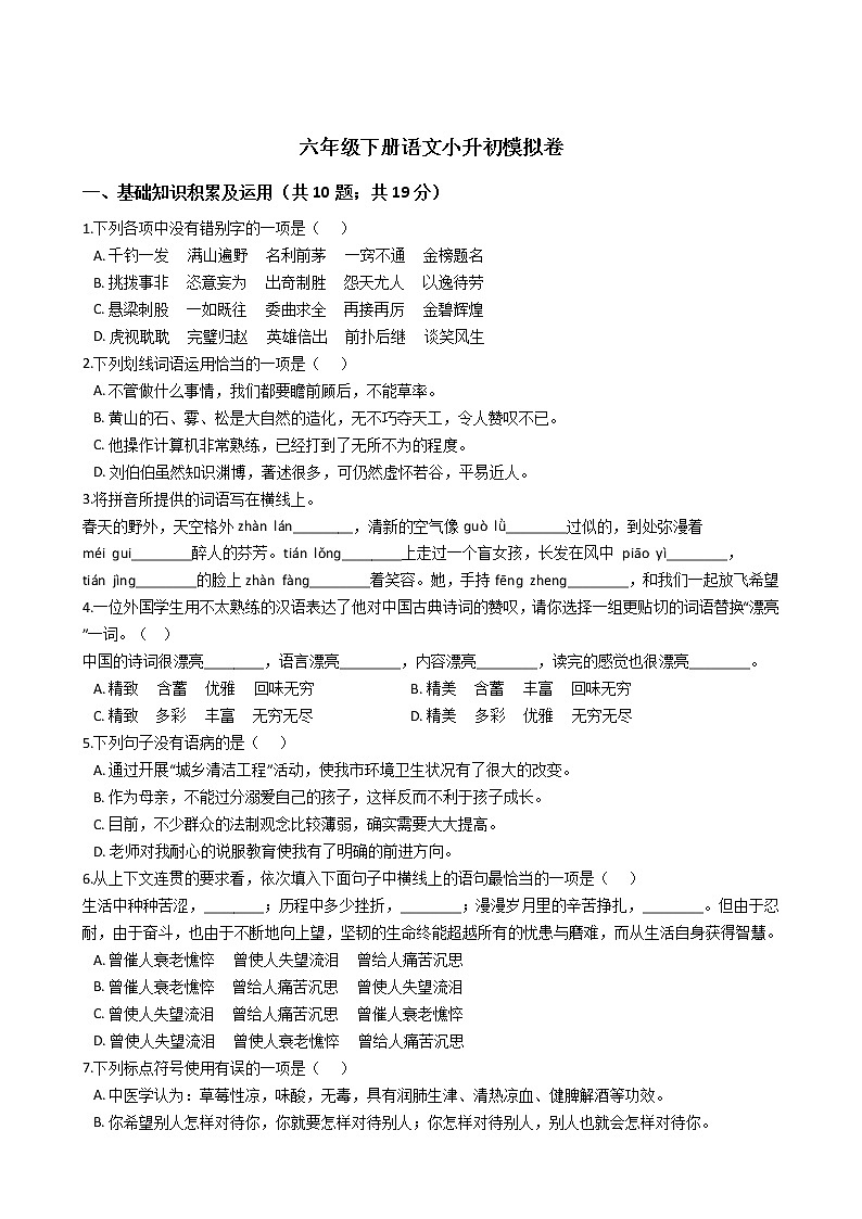 人教六年级下册语文小升初模拟卷01