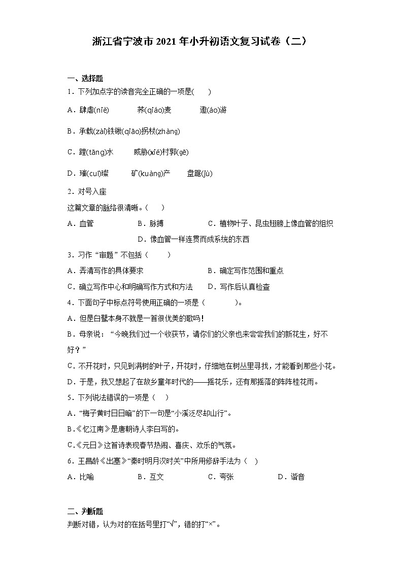 六年级语文下册试题 浙江省宁波市2021年小升初语文复习试卷（二）（含答案）部编版第1页