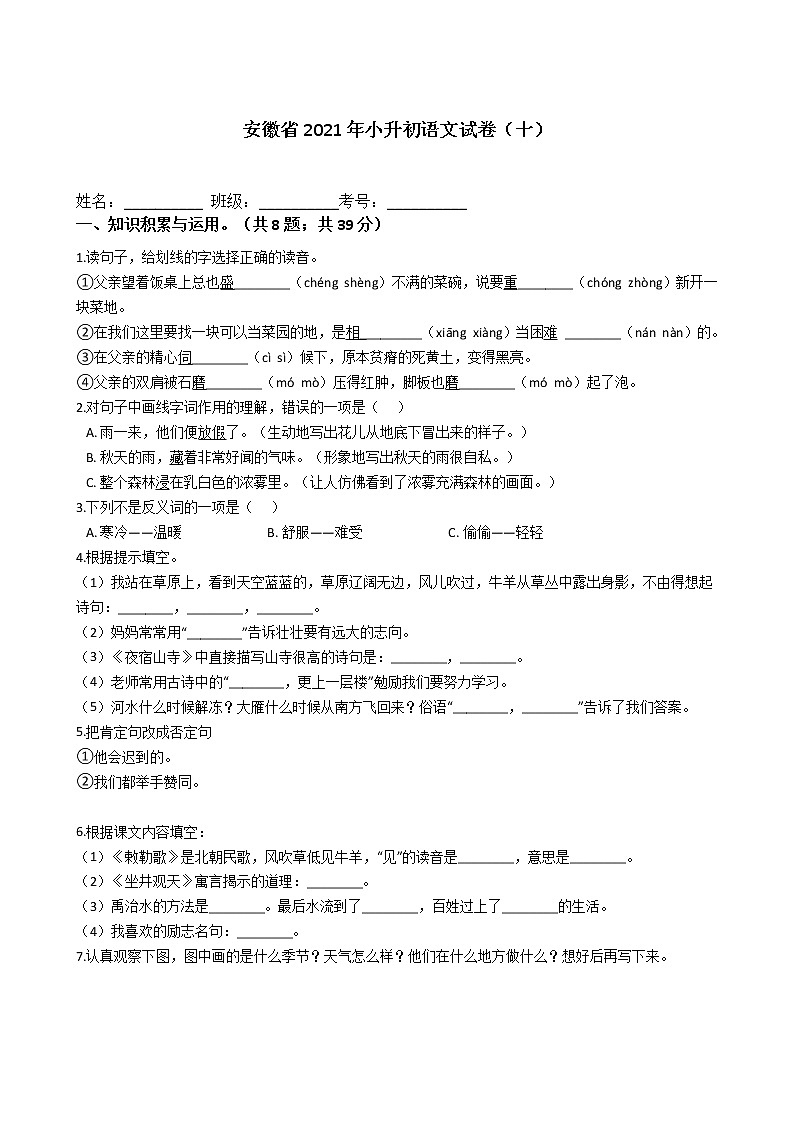 六年级下册语文试题  安徽省2021年小升初试卷（十）（含答案）部编版01