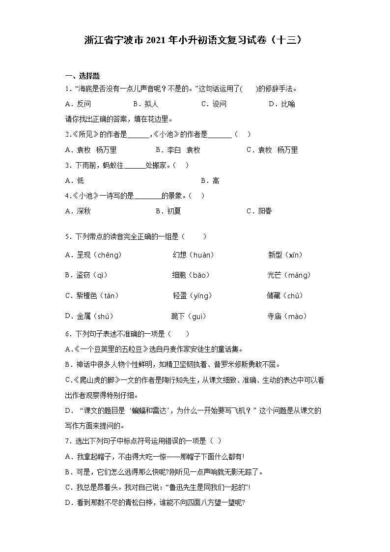 六年级语文下册试题 浙江省宁波市2021年小升初语文复习试卷（十三）（含答案）部编版第1页