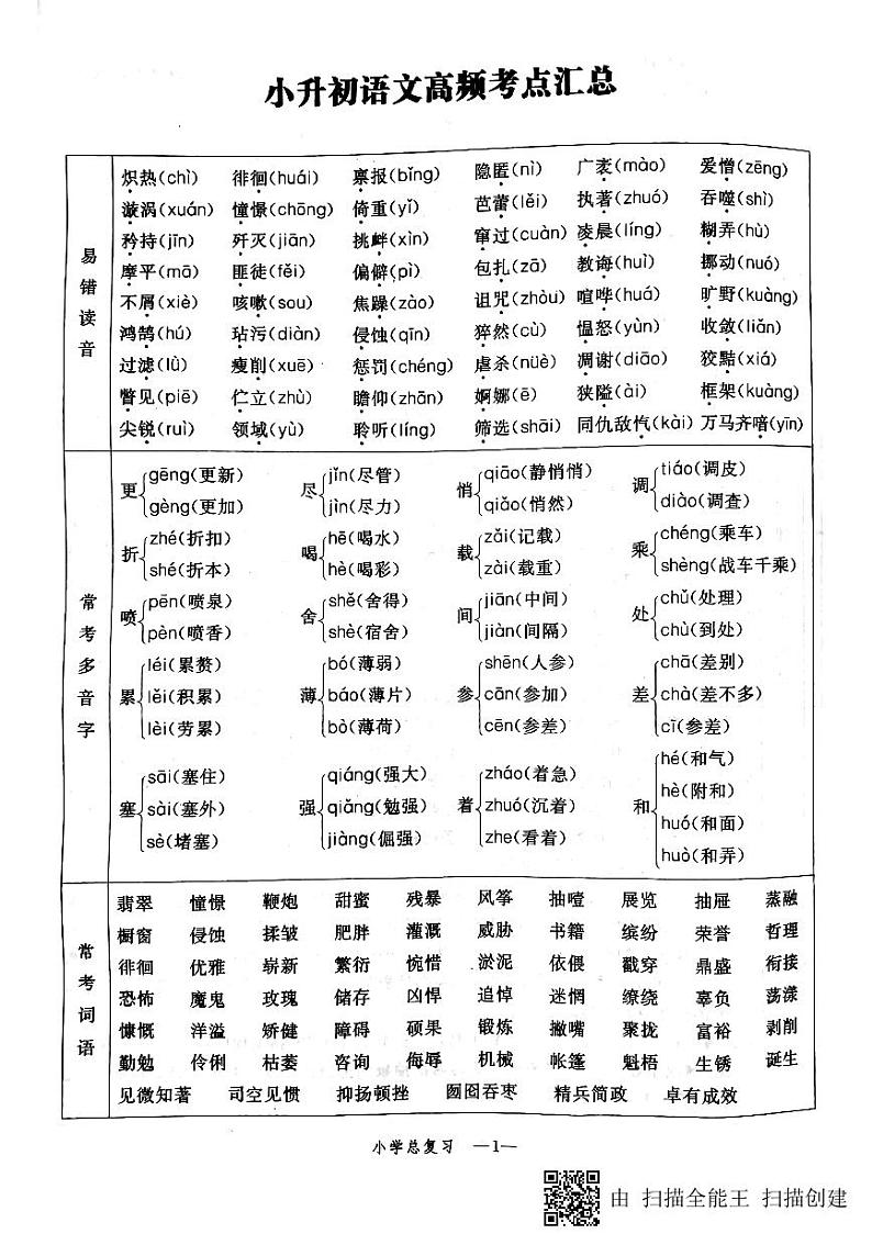 小学语文毕业总复习：小升初语文高频考点汇总（无答案） 学案01