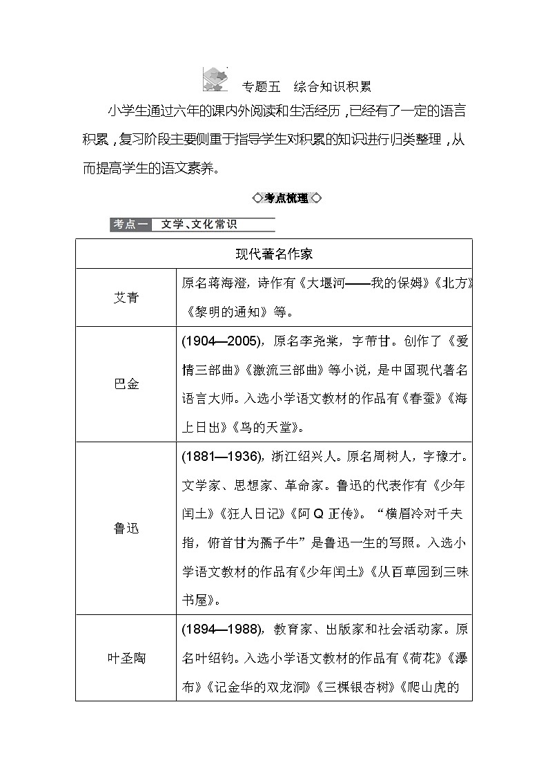 小学语文毕业总复小升初知识点讲解 专题五　综合知识积累 全国通用01
