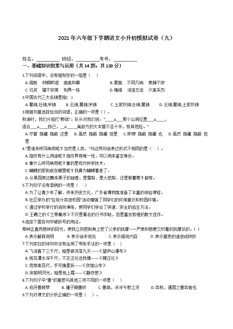 六年级下册语文试题-2021年下学期小升初模拟试卷（九）含答案部编版01