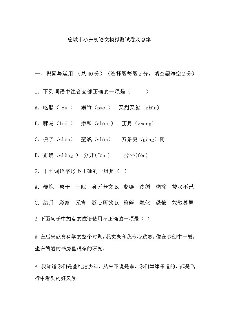 六年级下册语文试题-期末复习模拟（升学考试）试卷   部编版   含答案01