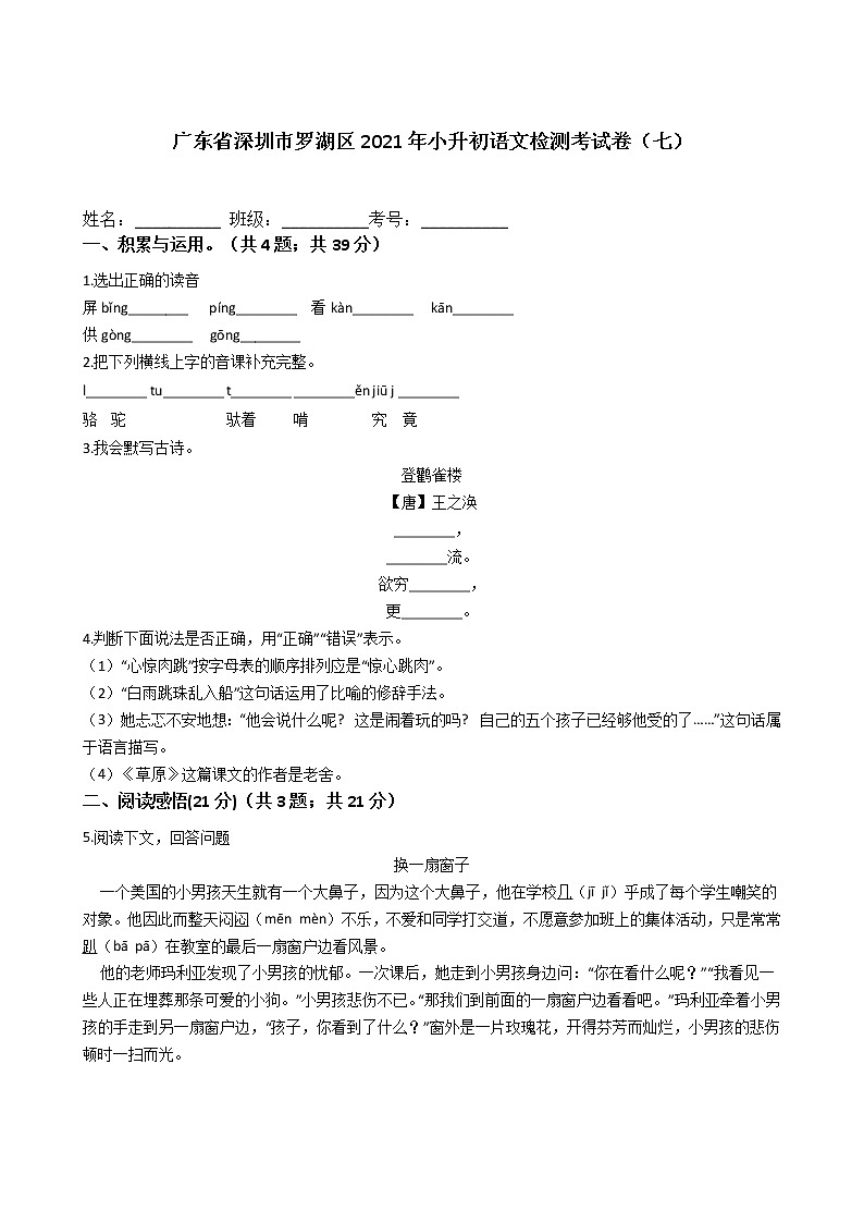 广东省深圳市罗湖区2021年六年级下册小升初语文检测考试卷（七）含答案部编版第1页