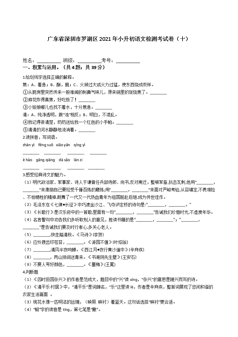 广东省深圳市罗湖区2021年六年级下册小升初语文检测考试卷（十）含答案部编版第1页