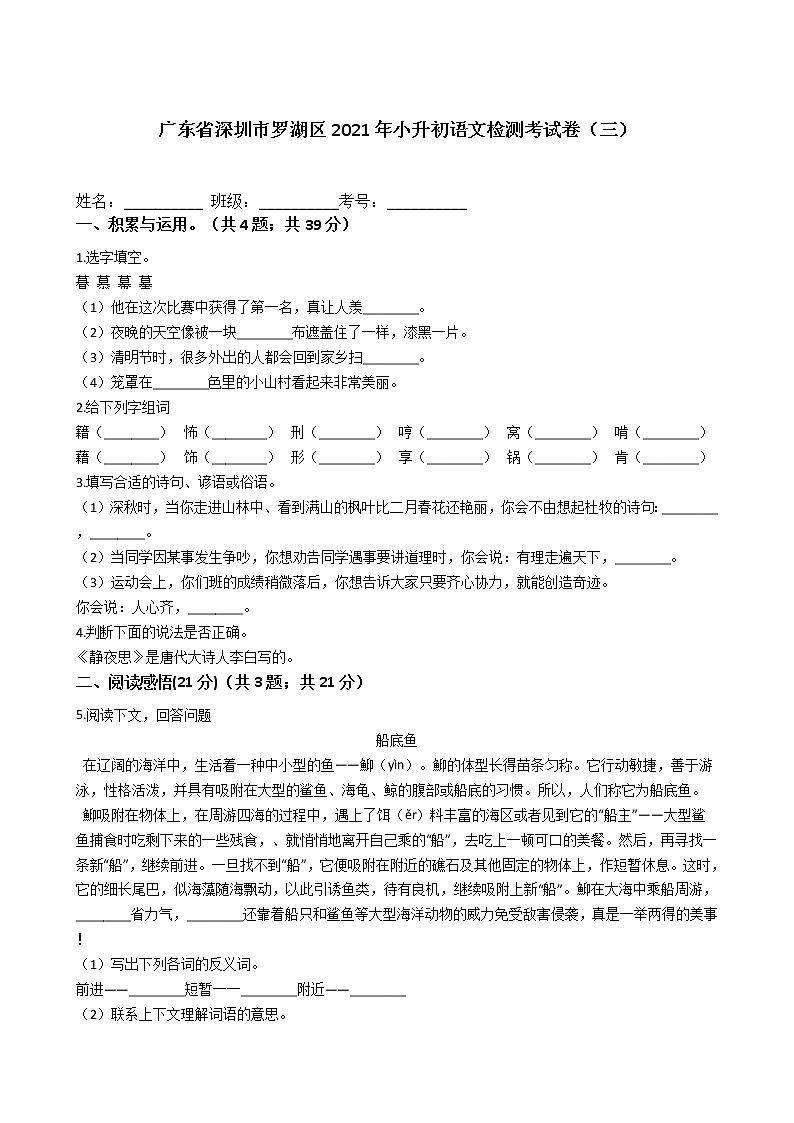 广东省深圳市罗湖区2021年六年级下册小升初语文检测考试卷（三）含答案部编版第1页