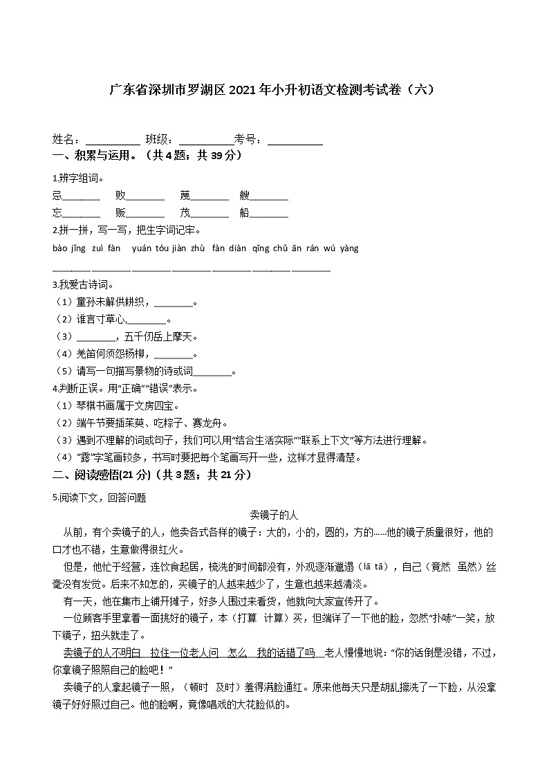 广东省深圳市罗湖区2021年六年级下册小升初语文检测考试卷（六）含答案部编版01