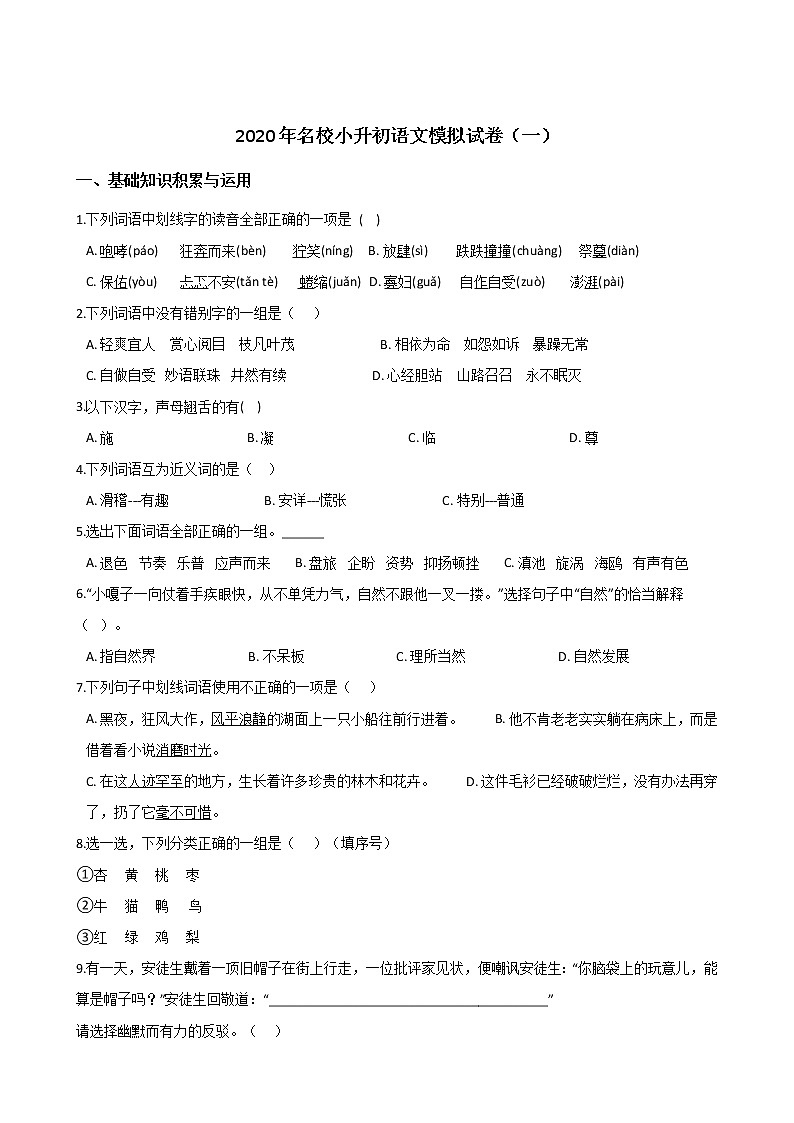 2020年名校小升初模拟试卷（一） 人教部编版（含答案）01