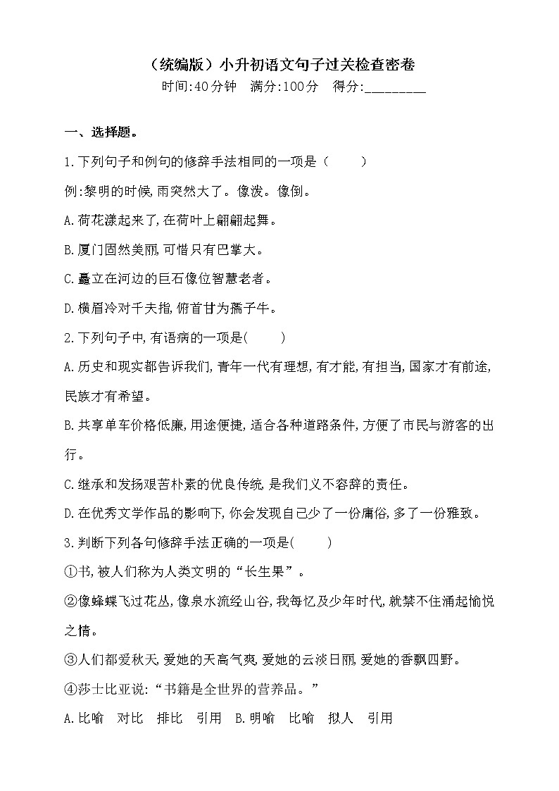 2021学年小升初语文句子过关检测密卷-人教统编版（含答案）2第1页