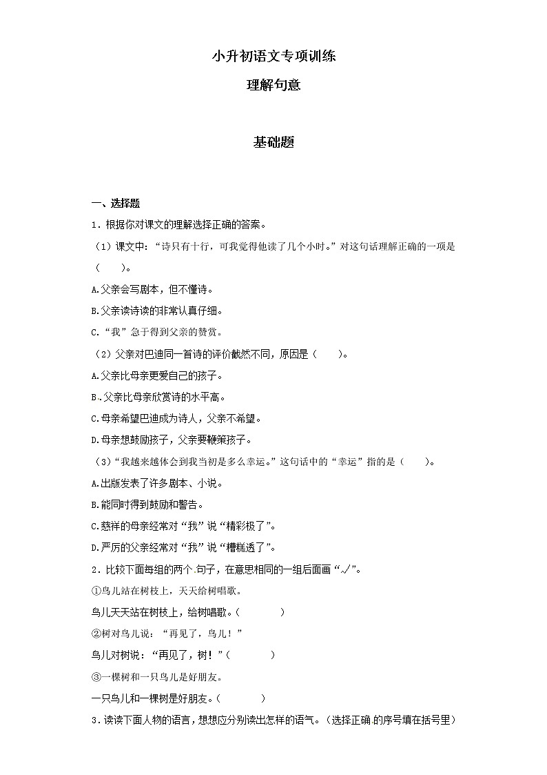 小升初语文知识专项训练（基础知识二）-2.理解句意（24页）01