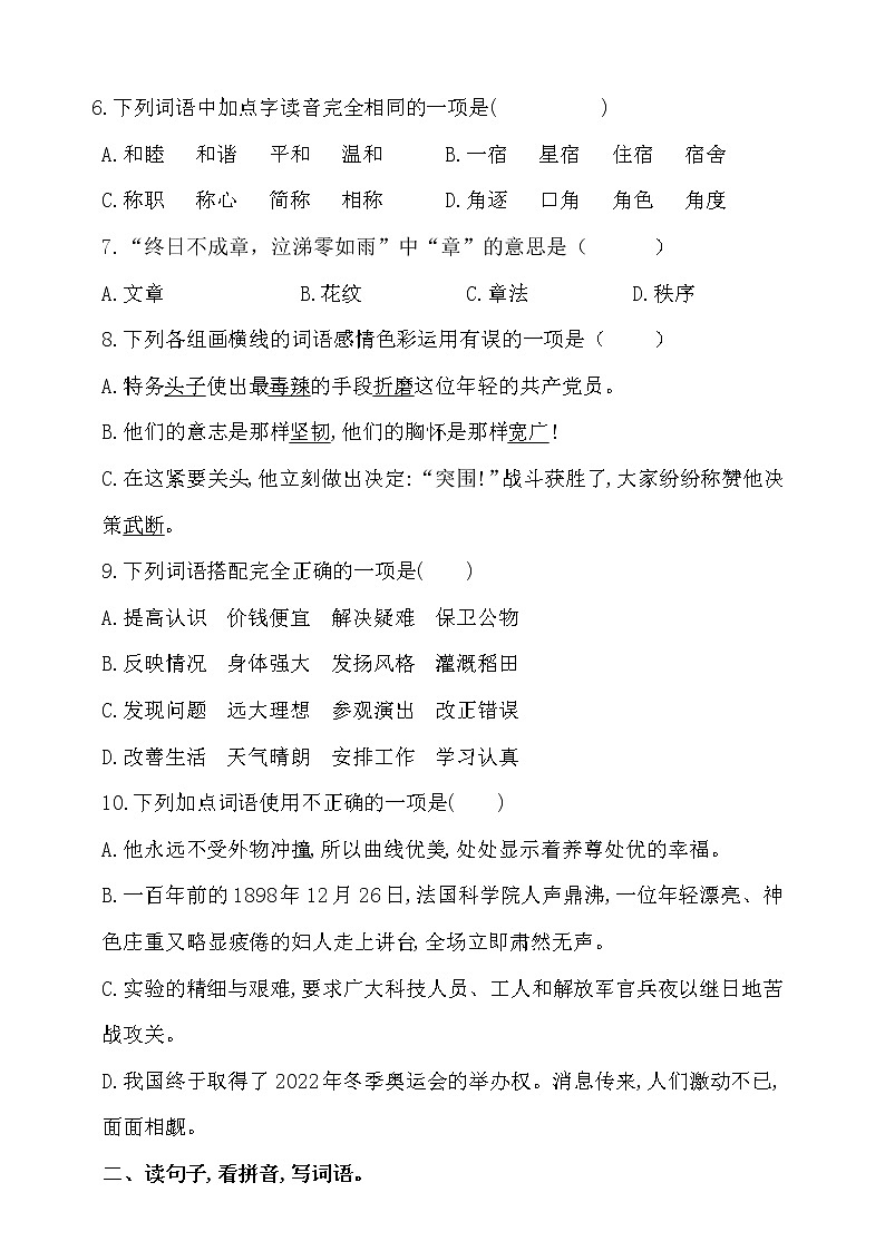 2021学年小升初语文字词过关检测密卷-人教统编版（含答案）2第2页