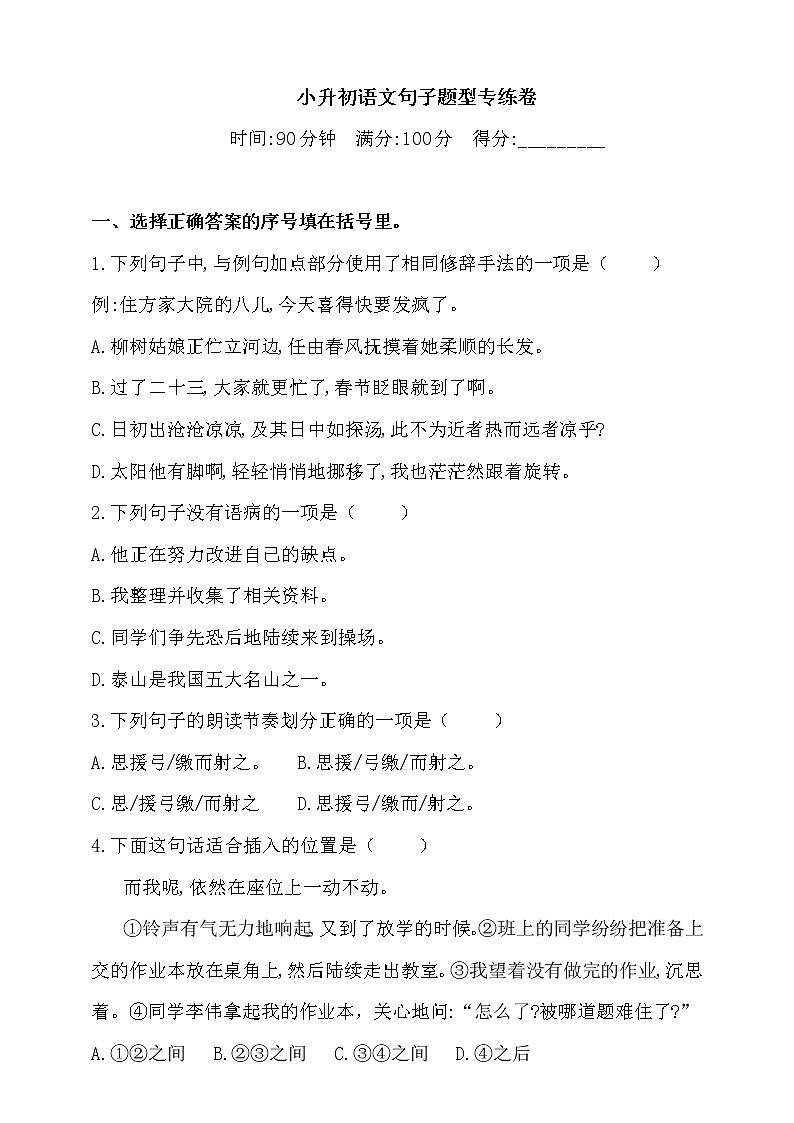 2021学年小升初语文句子题型专练卷-人教统编版（含答案）01