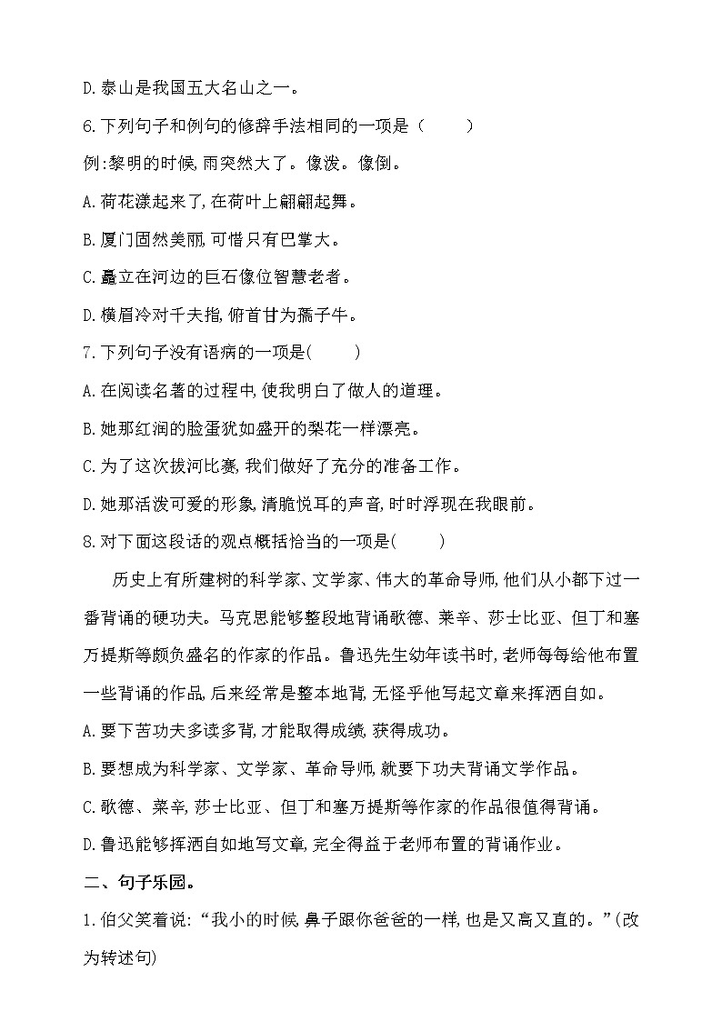 2021学年小升初语文句子过关检测密卷-人教统编版（含答案）4第2页