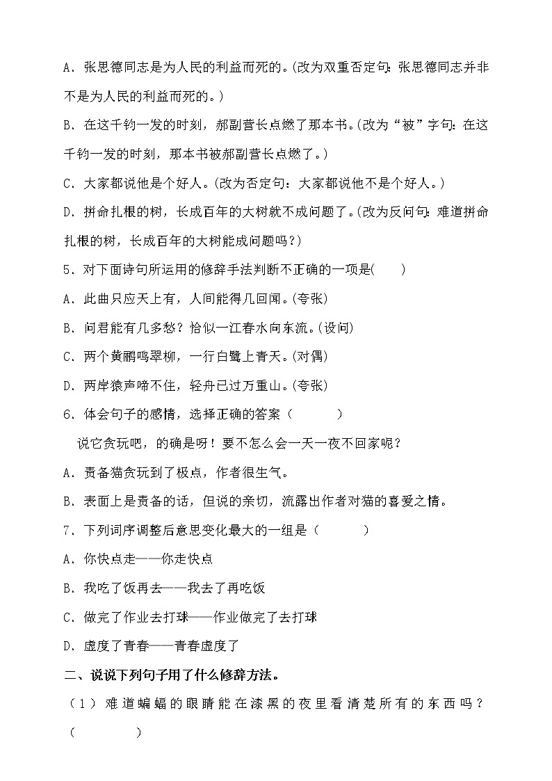 2021学年小升初语文句子过关检测密卷-人教统编版（含答案）（一）第2页