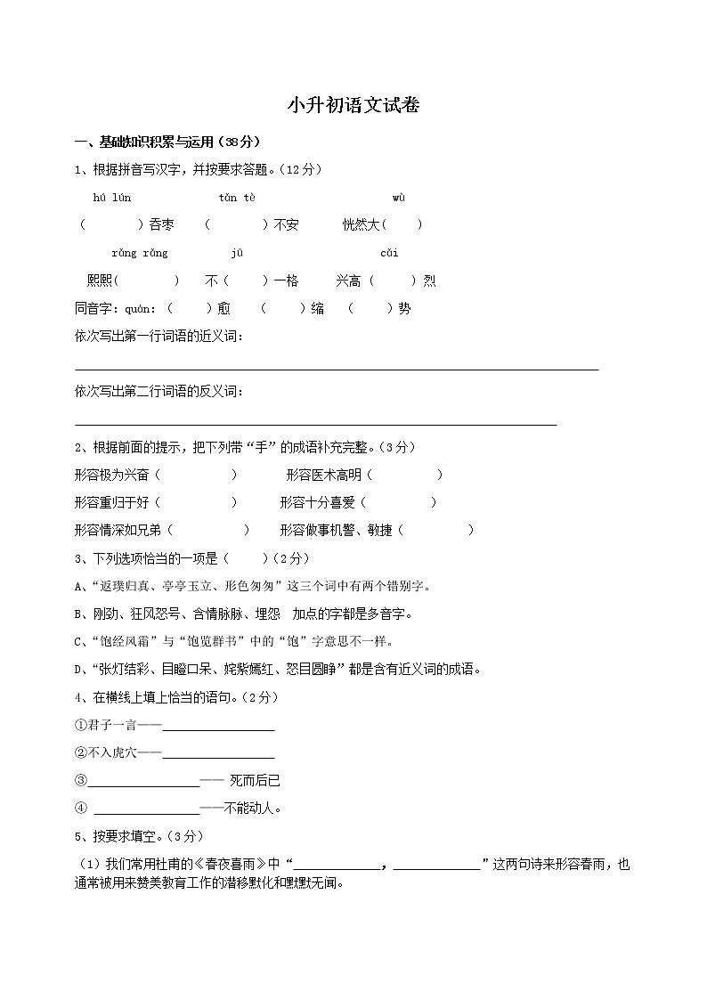 17小升初语文试卷01