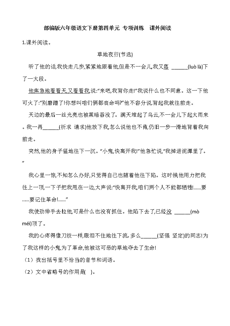 部编版六年级语文下册第四单元 专项训练  课外阅读第1页