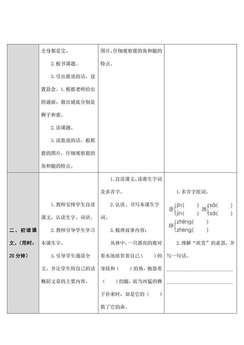 部编版人教版三年级语文下册《7鹿角和鹿腿》教案教学设计小学公开课1第2页