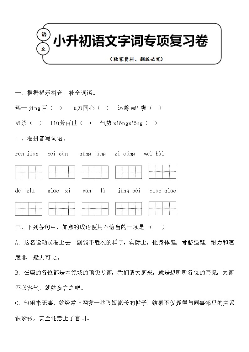 统编版小升初语文字词专项复习卷含答案 (13)01