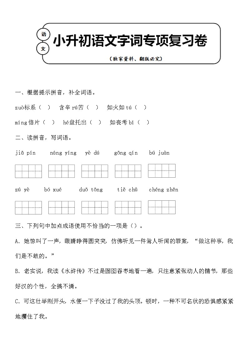 统编版小升初语文字词专项复习卷含答案 (10)01