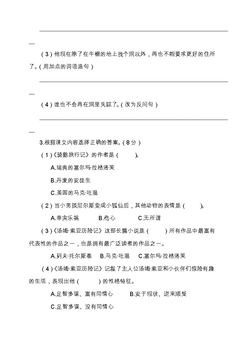 部编版六年级语文下册《骑鹅旅行记》《汤姆索亚历险记》检测题（含答案）03
