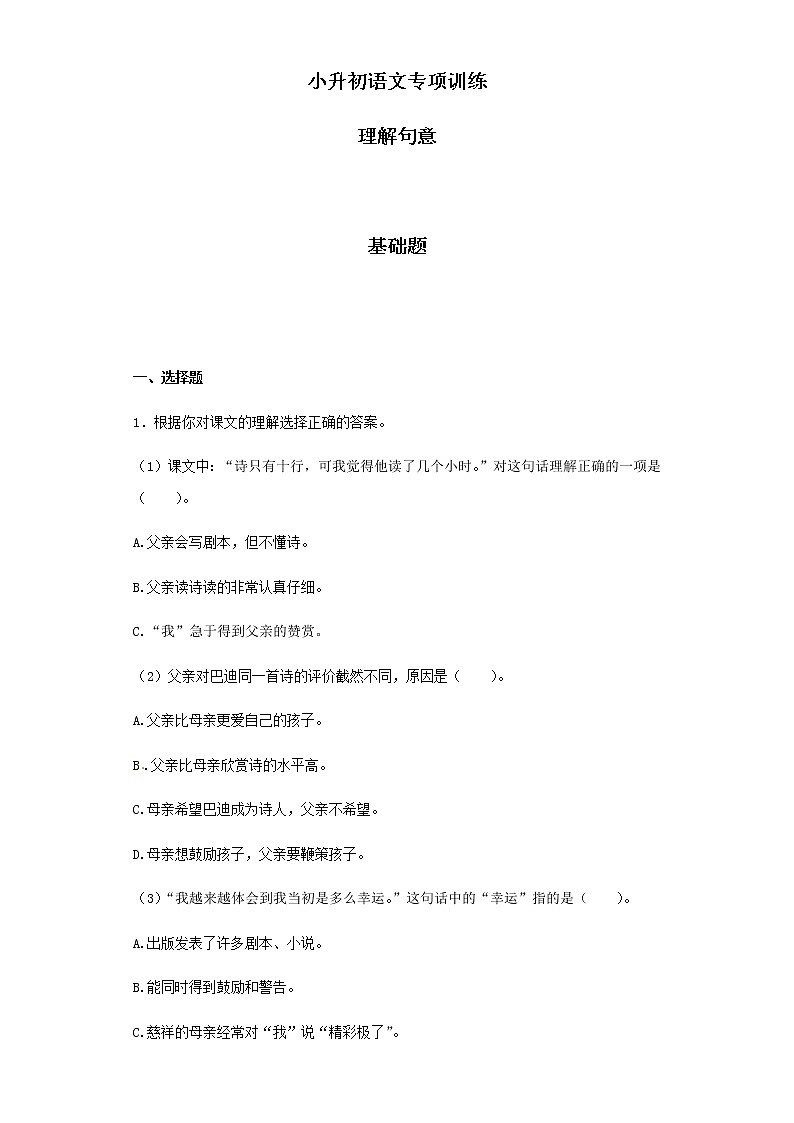 【精品】小升初语文知识专项训练（基础知识二）-2.理解句意（24页）01