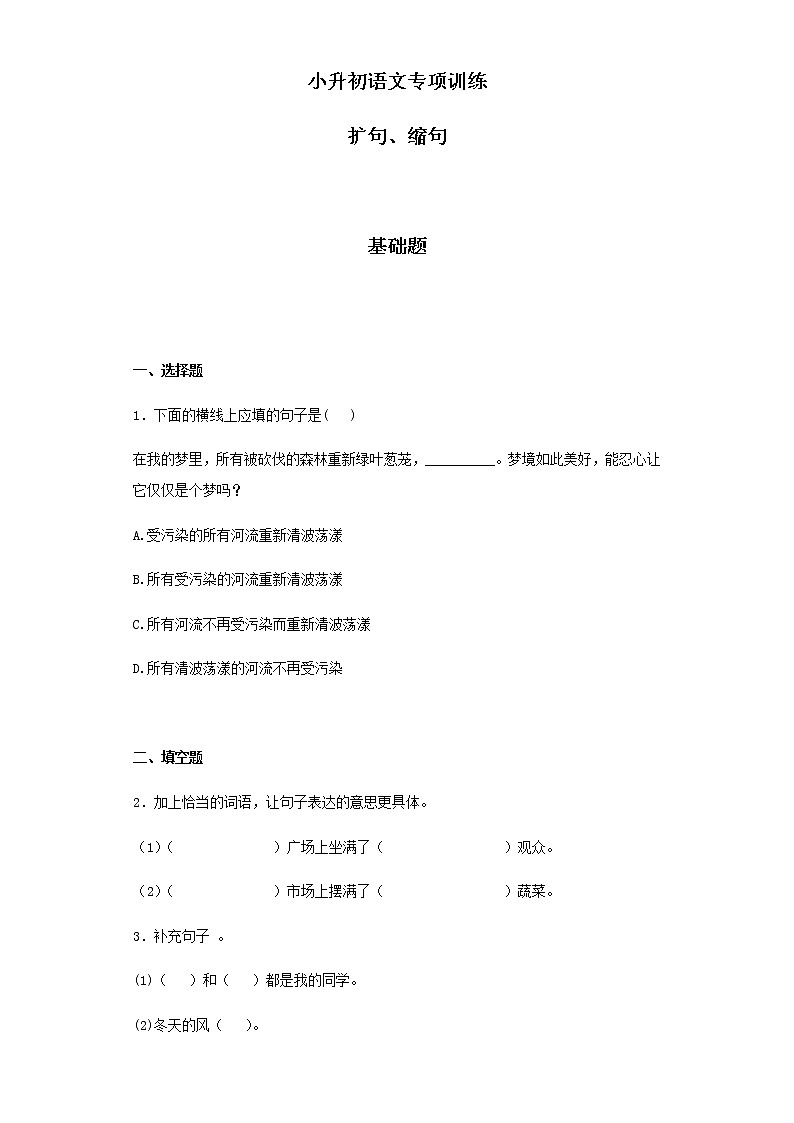 【精品】小升初语文知识专项训练（基础知识二）-4.扩句、缩句（24页）01