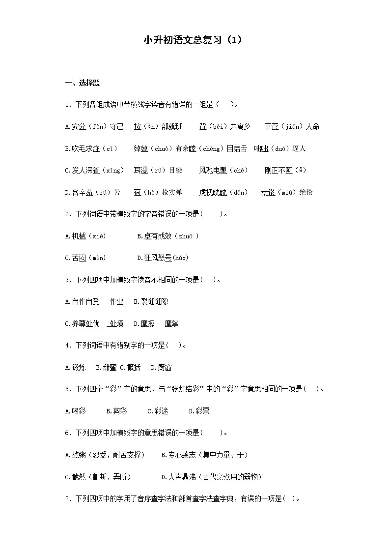 【精品】小升初语文知识专项训练-总复习1（26页）01