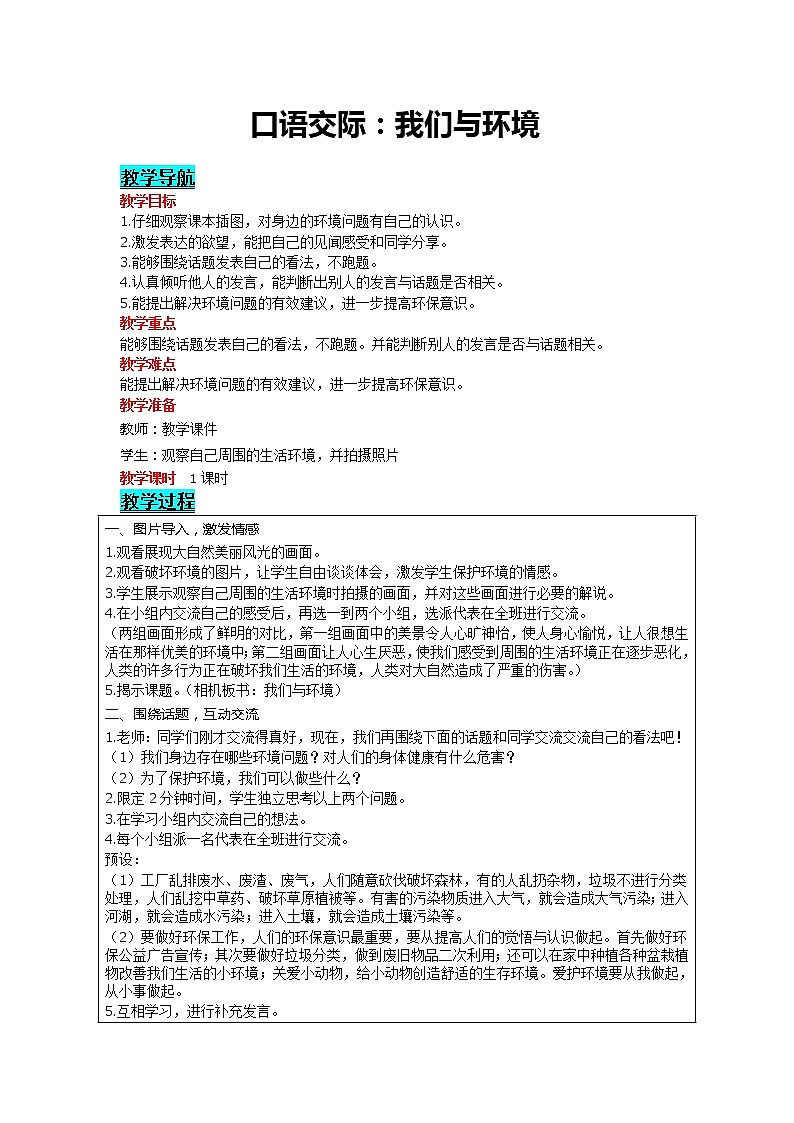 部编版小学语文四年级上册 第1单元 口语交际：我们与环境 精品教案第1页