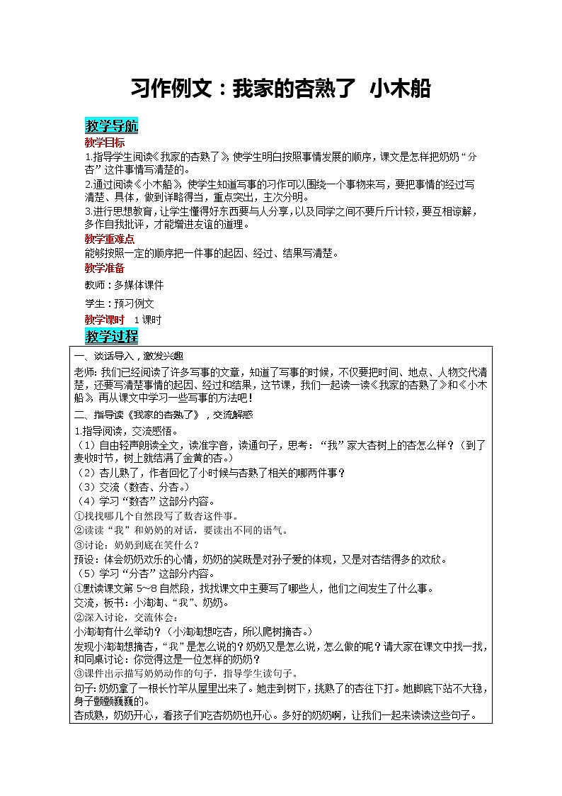 部编版小学语文四年级上册 第5单元 习作例文：我家的杏熟了  小木船 精品教案01