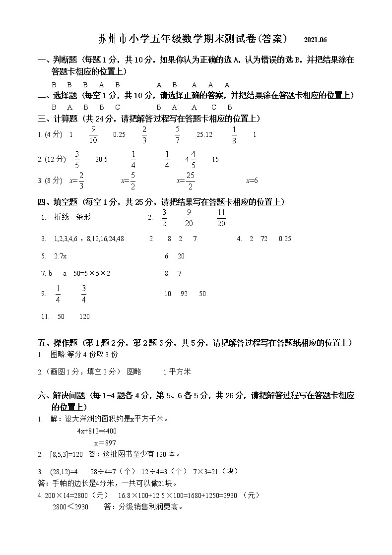 2021年苏州市人教版小学数学五年级下册期末试卷答案第1页