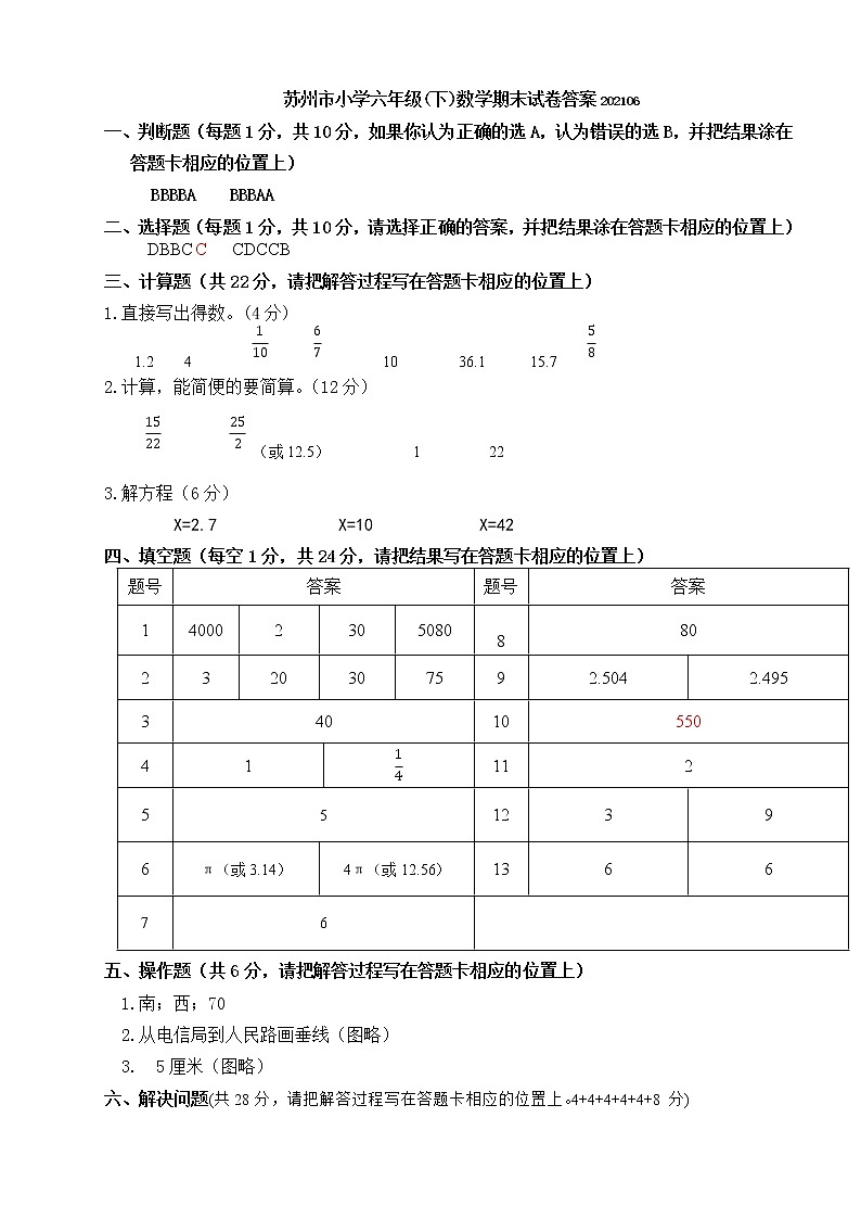 2021年苏州市人教版小学数学六年级下册期末试卷+答题卡+答案01