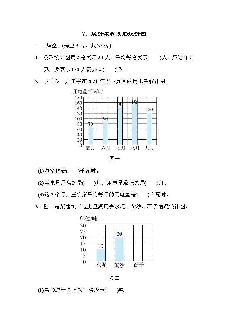 苏教版四年级上册数学7．统计表和条形统计图测试卷第1页