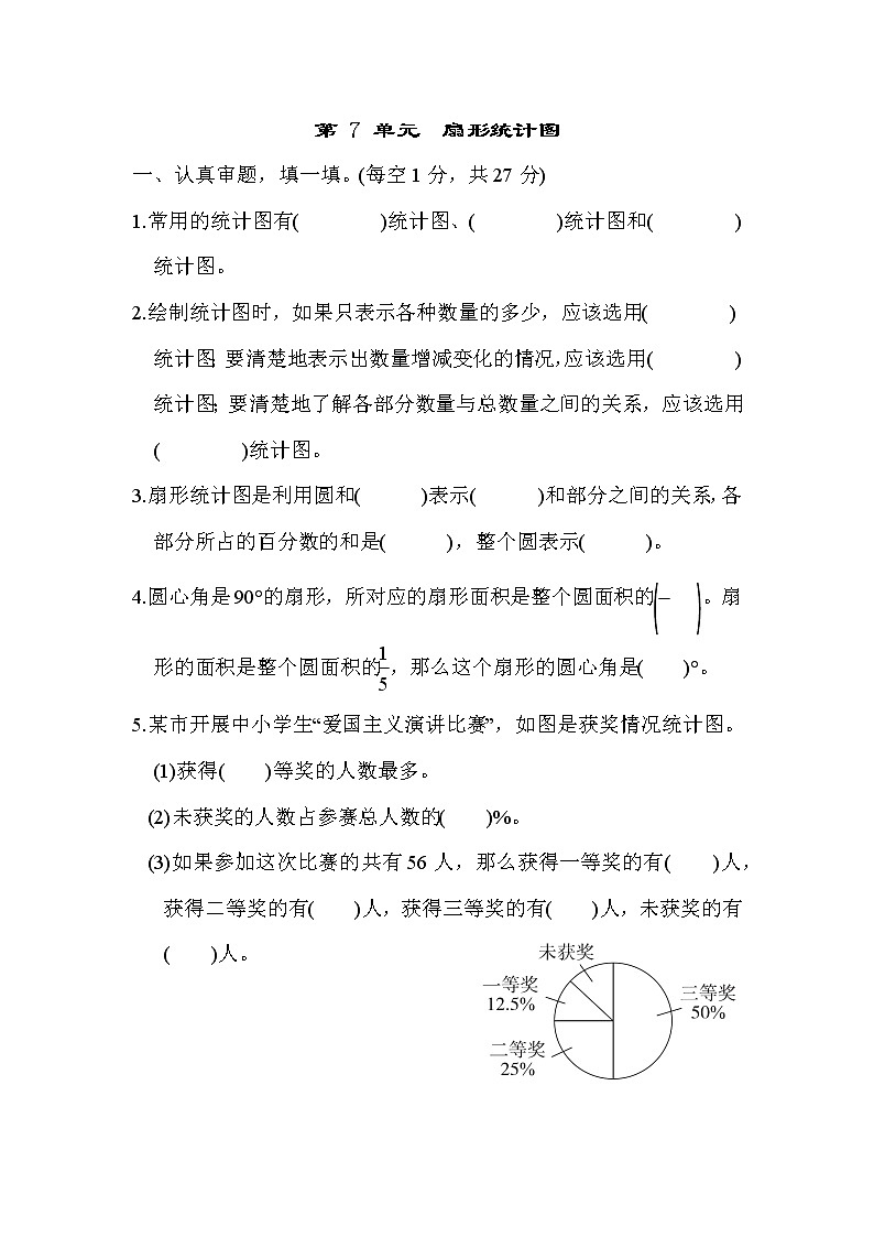人教版六年级上册数学 第7单元　扇形统计图 试卷01