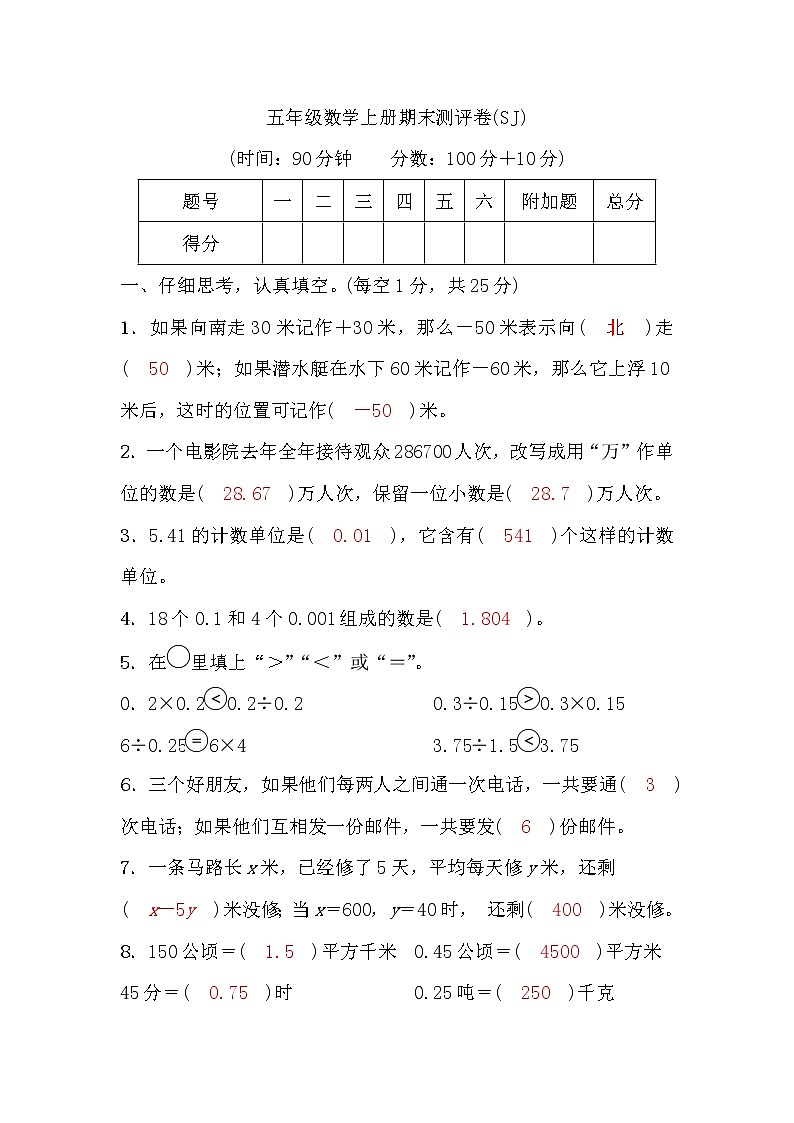 五年级数学上册期末测评卷(答案）第1页