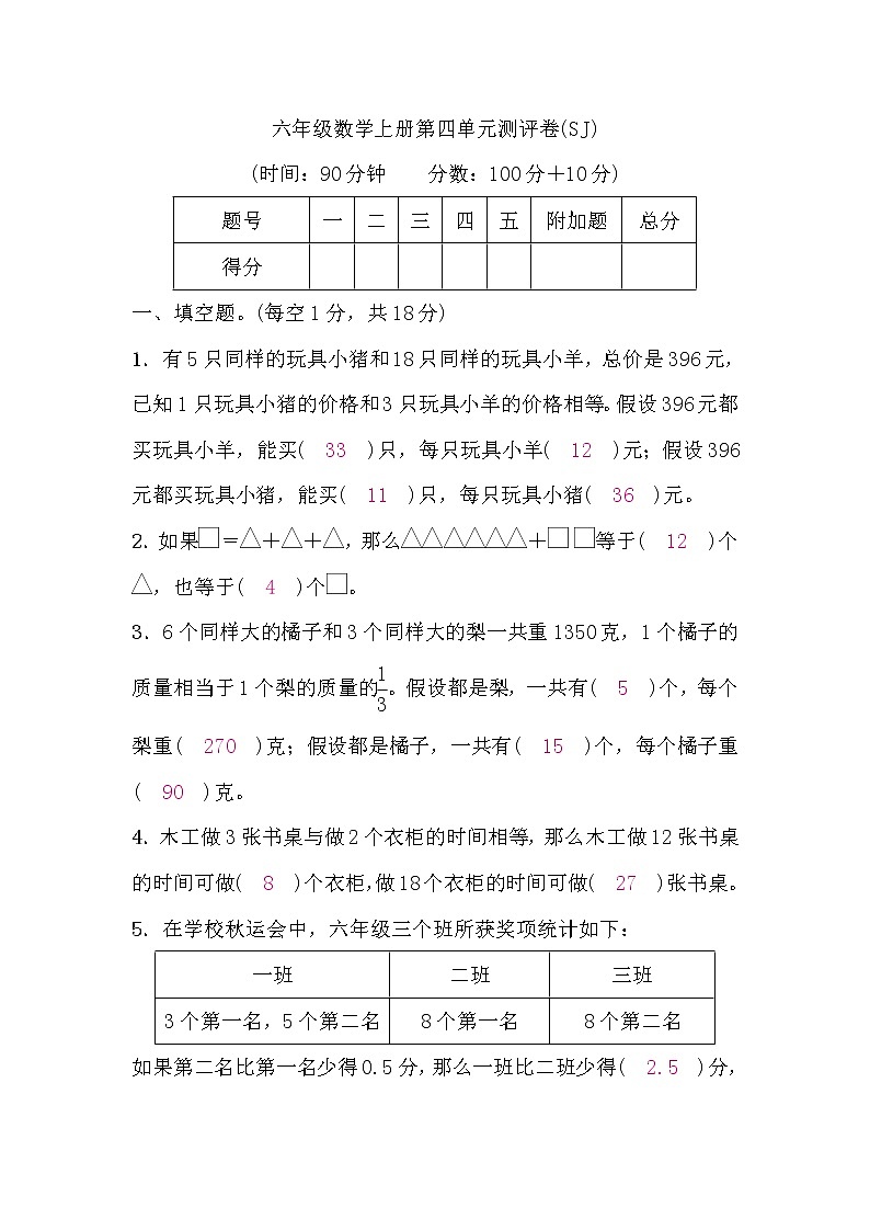 六年级数学上册第四单元测评卷（答案）第1页