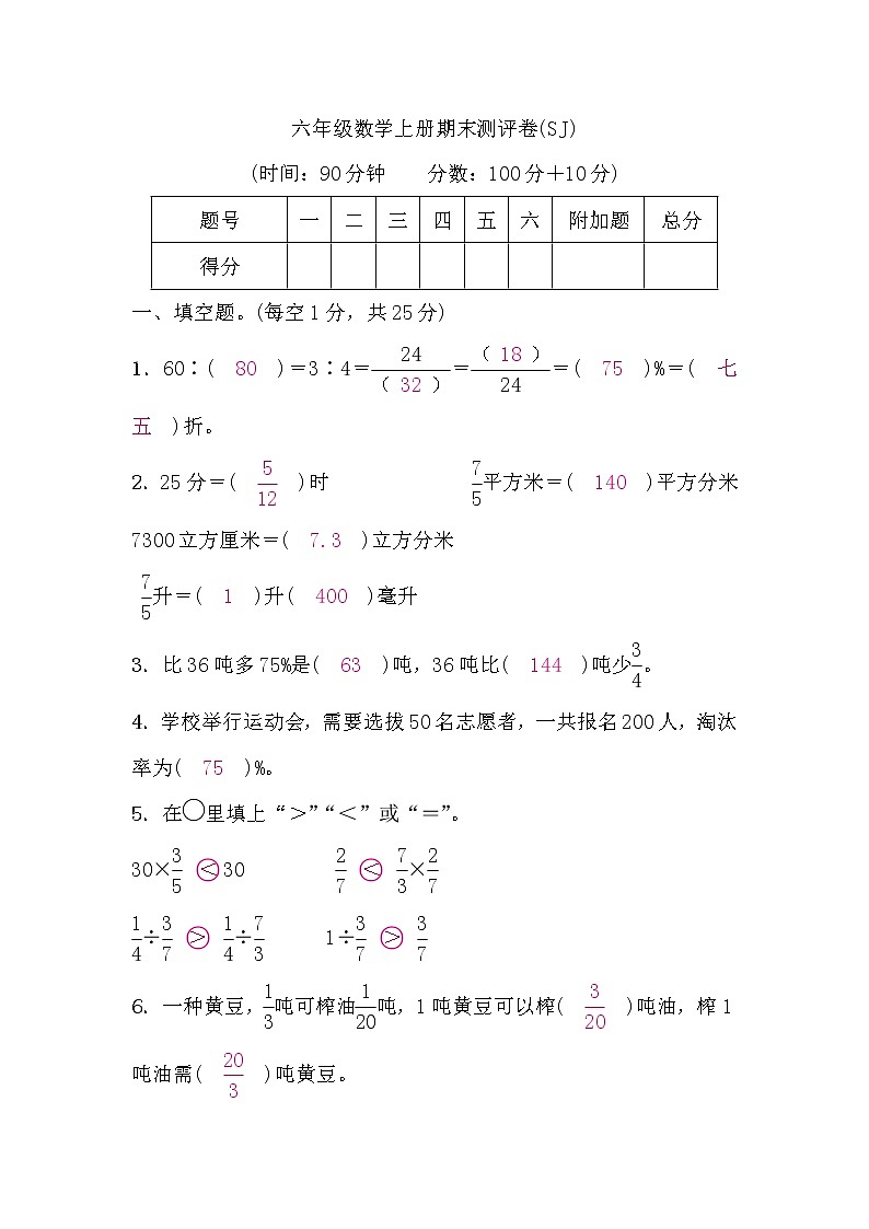 六年级数学上册期末测评卷(答案）第1页
