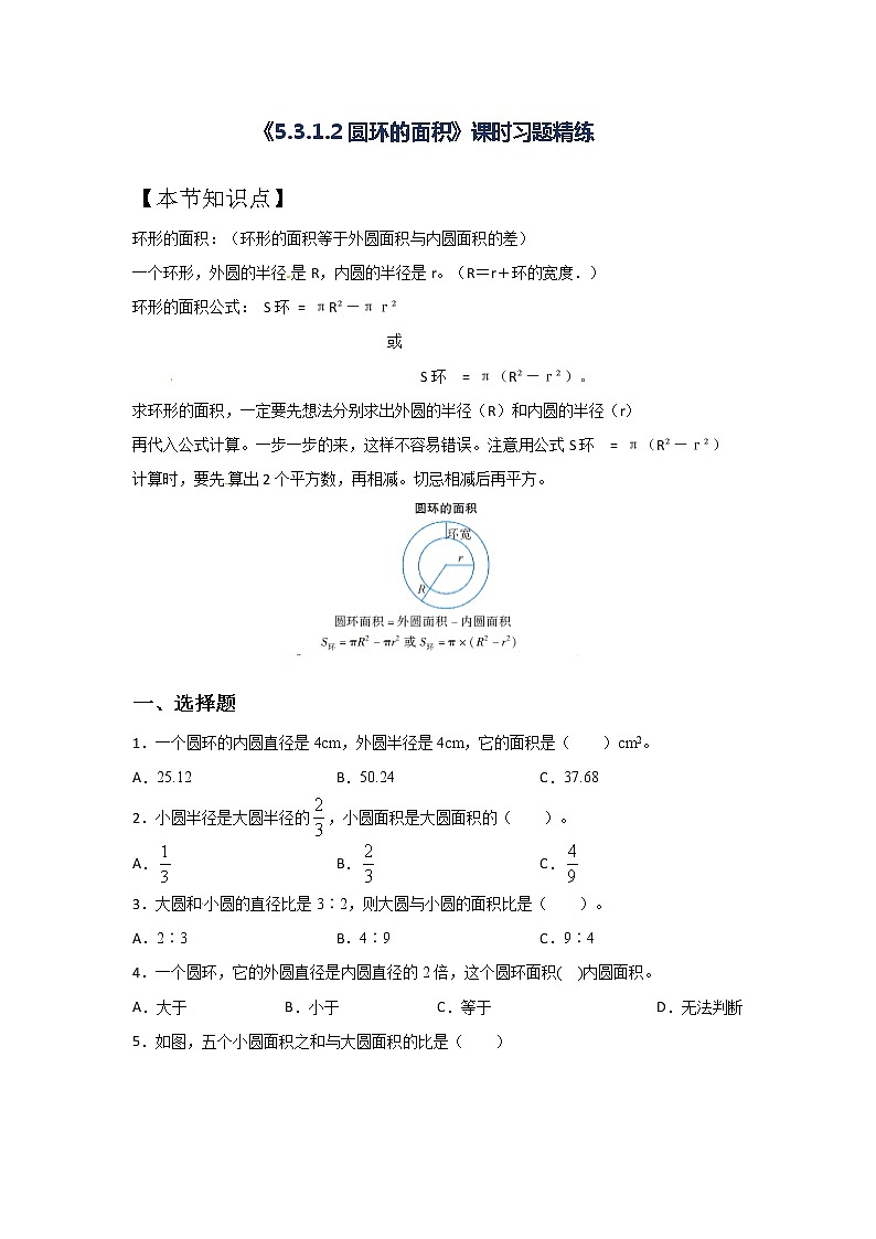 人教版六年级上册数学5.3.1.2圆环的面积课时习题精练（含答案）第1页