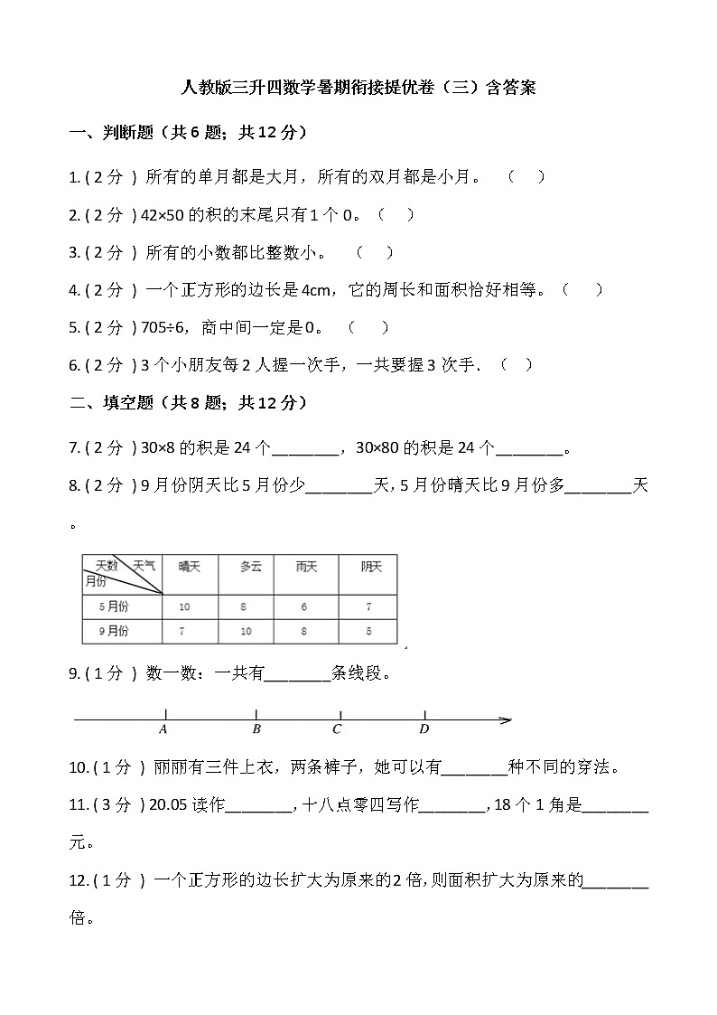 人教版三升四数学暑期衔接提优卷（三）含答案第1页